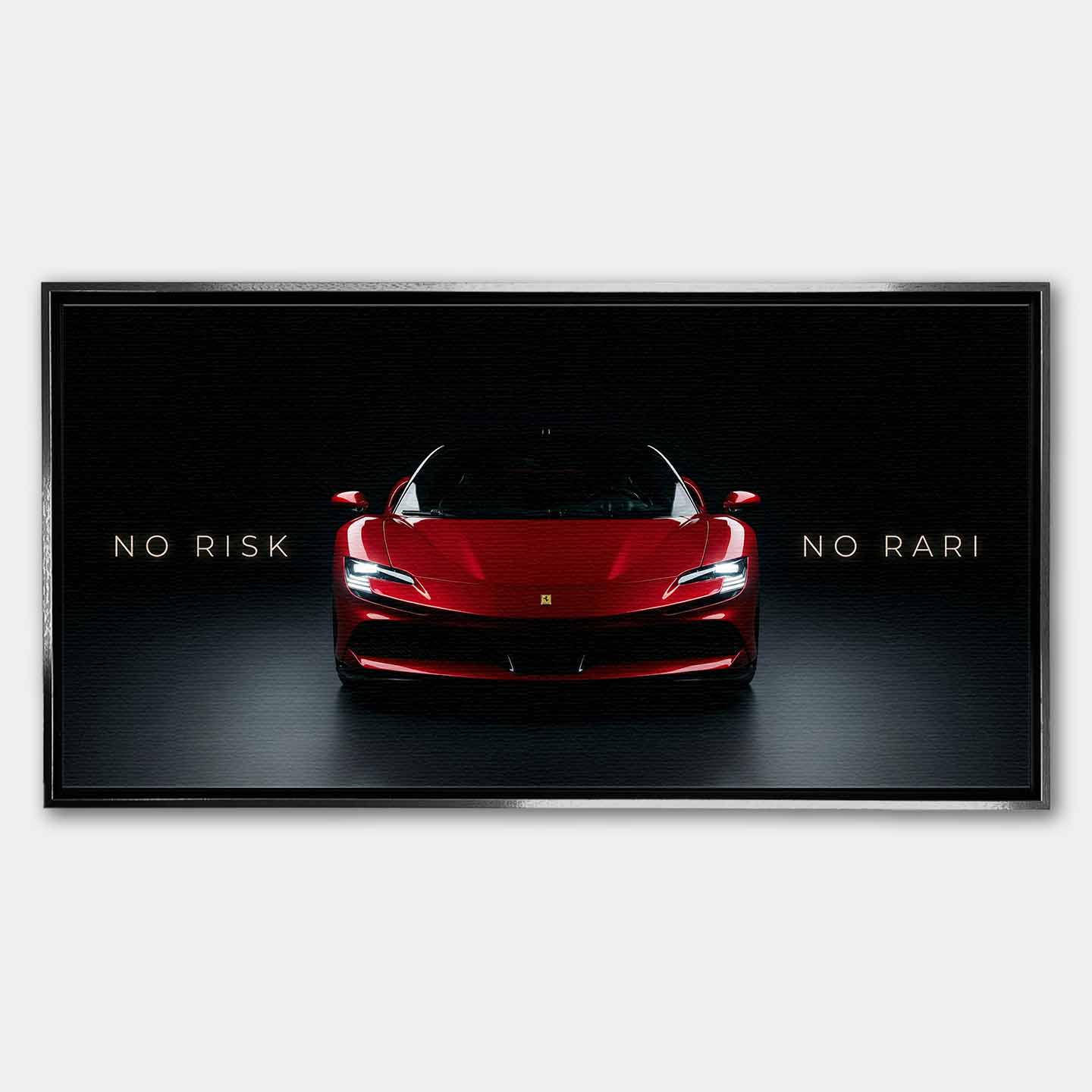 Obraz na płótnie No Risk No Rari z czerwonym Ferrari SF90 widzianym od przodu, na czarnym tle, z napisem „No Risk No Rari”, symbol odwagi, ambicji i luksusowej motoryzacji.