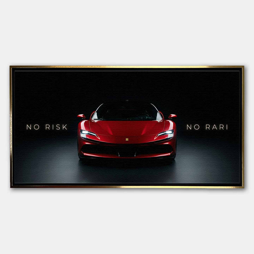 Obraz na płótnie No Risk No Rari z czerwonym Ferrari SF90 widzianym od przodu, na czarnym tle, z napisem „No Risk No Rari”, symbol odwagi, ambicji i luksusowej motoryzacji.