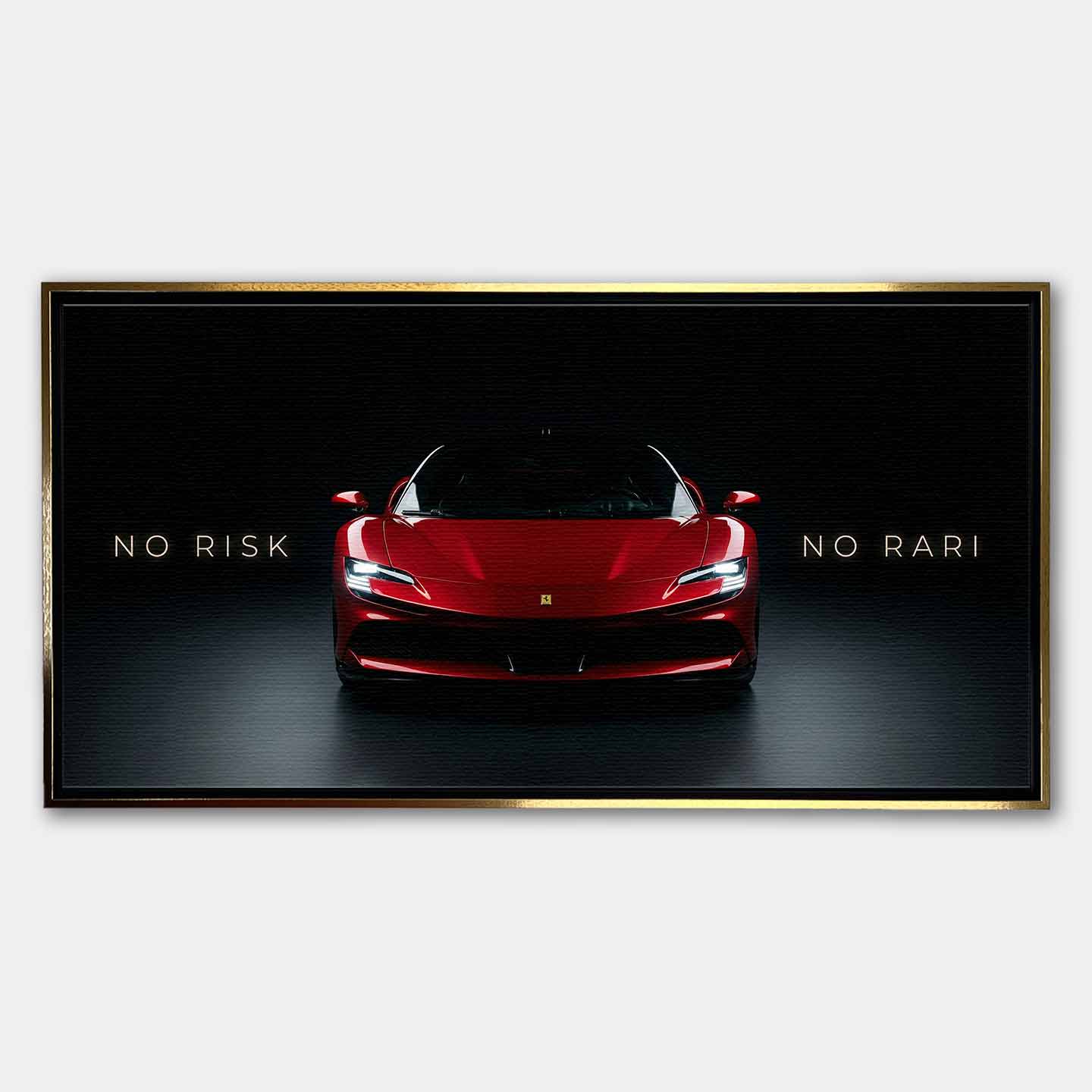 Obraz na płótnie No Risk No Rari z czerwonym Ferrari SF90 widzianym od przodu, na czarnym tle, z napisem „No Risk No Rari”, symbol odwagi, ambicji i luksusowej motoryzacji.