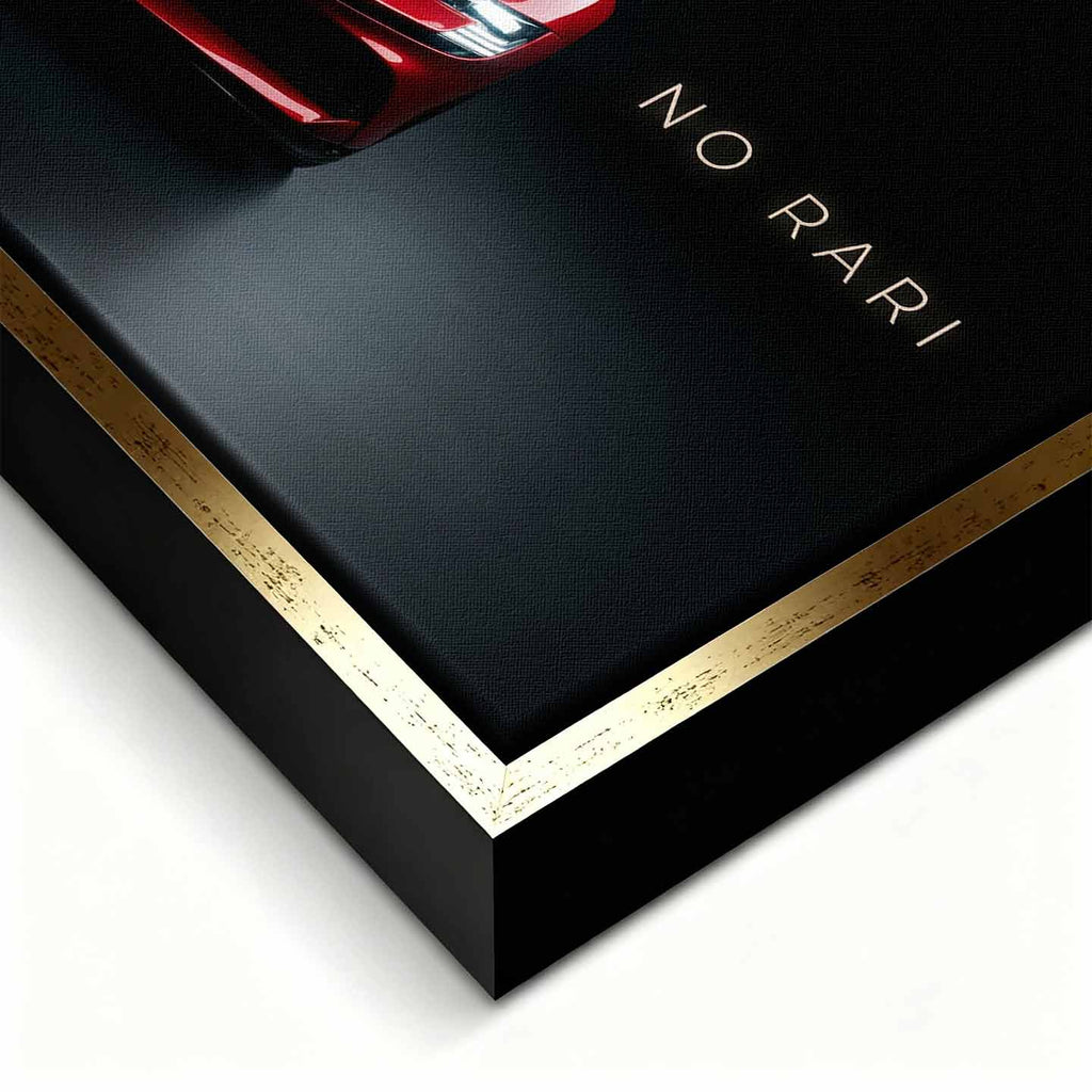 Obraz na płótnie No Risk No Rari z czerwonym Ferrari SF90 widzianym od przodu, na czarnym tle, z napisem „No Risk No Rari”, symbol odwagi, ambicji i luksusowej motoryzacji.