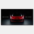 Obraz na płótnie No Risk No Rari z czerwonym Ferrari SF90 widzianym od przodu, na czarnym tle, z napisem „No Risk No Rari”, symbol odwagi, ambicji i luksusowej motoryzacji.
