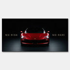 Obraz na płótnie No Risk No Rari z czerwonym Ferrari SF90 widzianym od przodu, na czarnym tle, z napisem „No Risk No Rari”, symbol odwagi, ambicji i luksusowej motoryzacji.