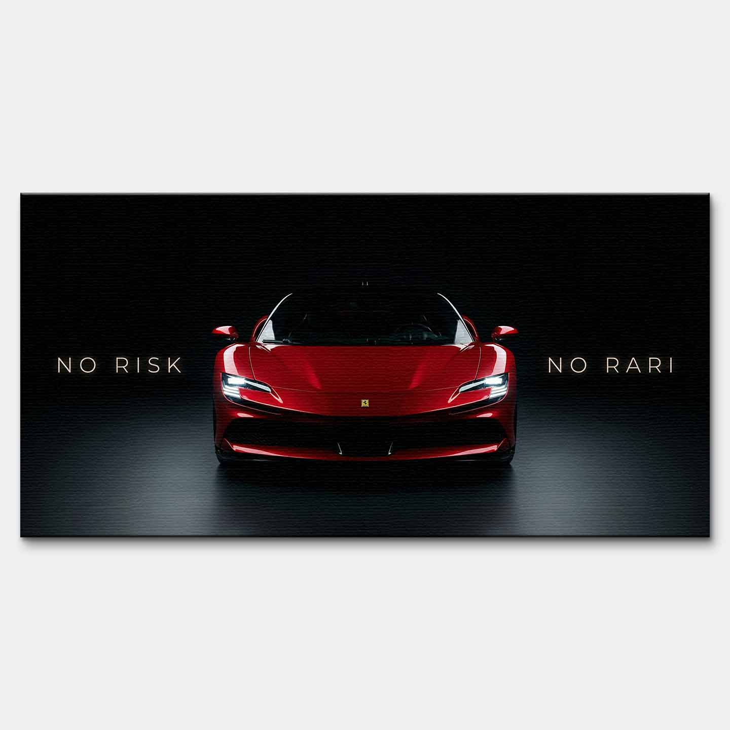 Obraz na płótnie No Risk No Rari z czerwonym Ferrari SF90 widzianym od przodu, na czarnym tle, z napisem „No Risk No Rari”, symbol odwagi, ambicji i luksusowej motoryzacji.