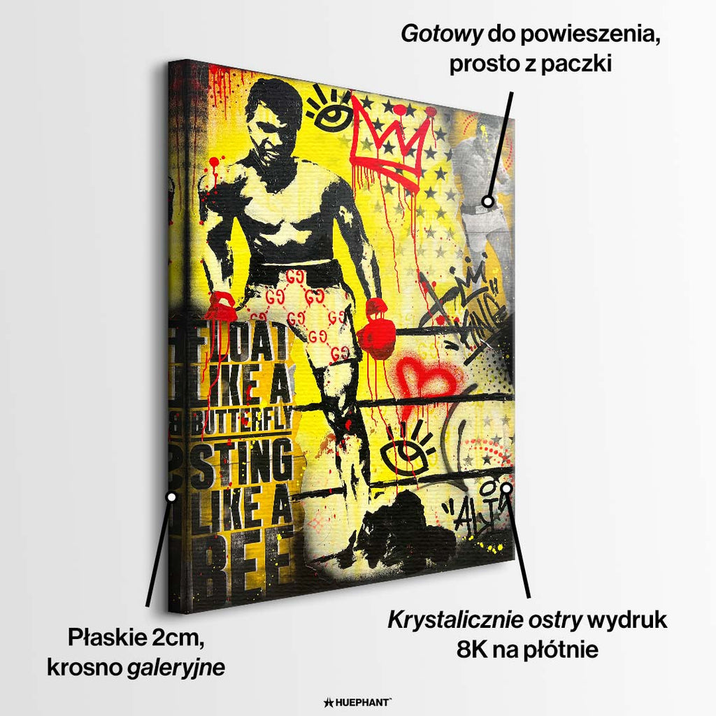 Obraz na płótnie w stylu street art przedstawiający legendę boksu w rękawicach bokserskich na tle graffiti z cytatem "Float like a butterfly" i czerwoną koroną. Wydruk galeryjny na ścianę.