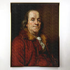 Obraz na płótnie przedstawiający portret Benjamina Franklina w historycznym stroju, z nałożonym tłem z motywem stu dolarowych banknotów