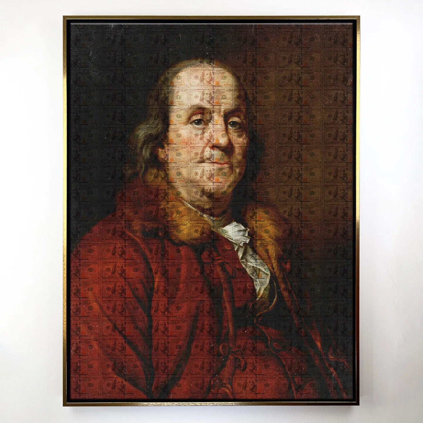 Obraz na płótnie przedstawiający portret Benjamina Franklina w historycznym stroju, z nałożonym tłem z motywem stu dolarowych banknotów