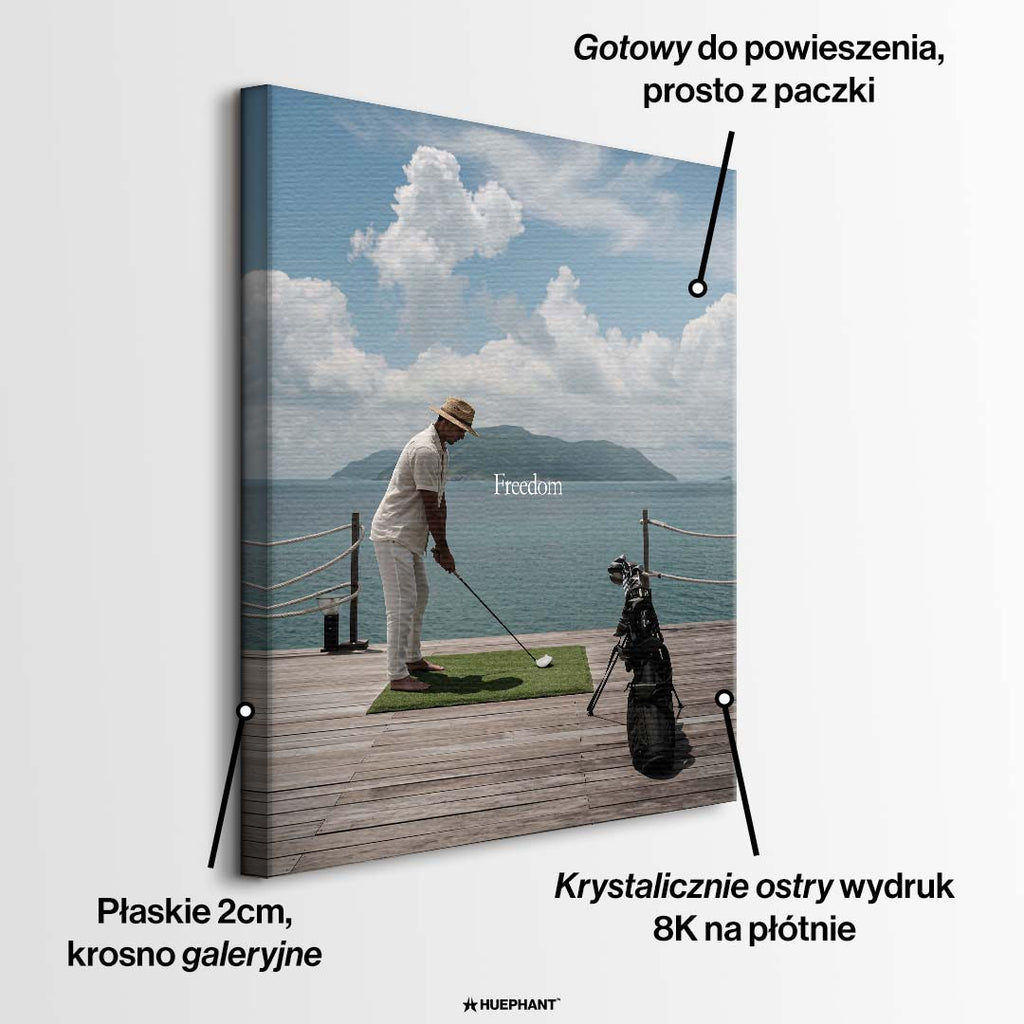 Obraz na płótnie z golfistą na tle oceanu i napisem Freedom. Wydruk galeryjny, sztuka nowoczesna do eleganckiego wnętrza.