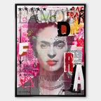 Obraz na płótnie z portretem Fridy Kahlo w stylu nowoczesnego kolażu pop-art z napisami Revolution i Mexico, oryginalny wydruk galeryjny.