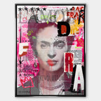 Obraz na płótnie z portretem Fridy Kahlo w stylu nowoczesnego kolażu pop-art z napisami Revolution i Mexico, oryginalny wydruk galeryjny.