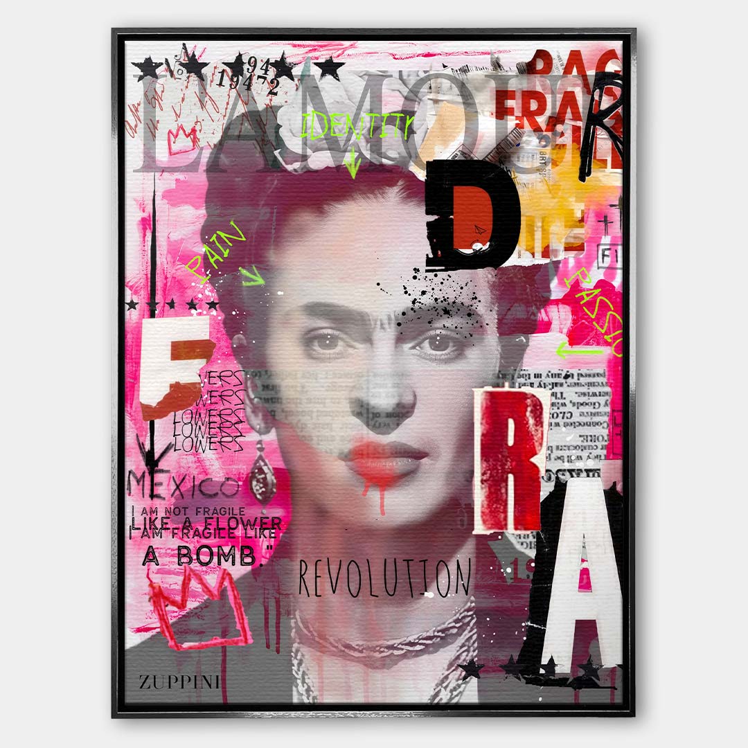 Obraz na płótnie z portretem Fridy Kahlo w stylu nowoczesnego kolażu pop-art z napisami Revolution i Mexico, oryginalny wydruk galeryjny.