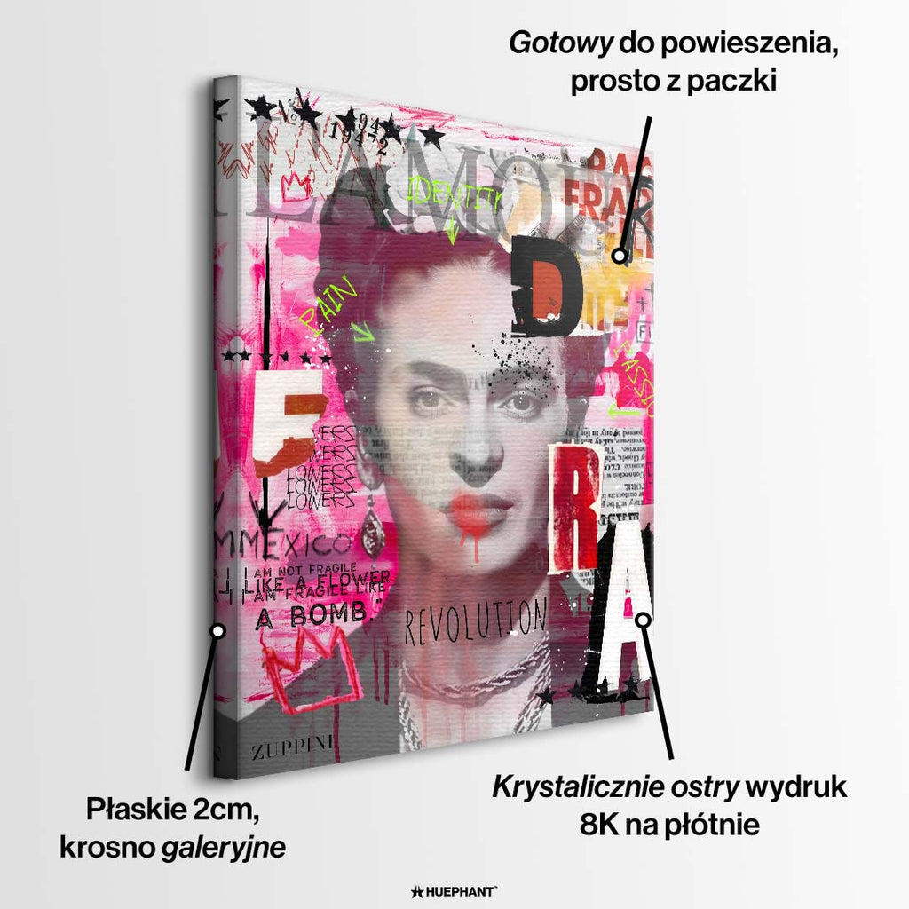 Obraz na płótnie z portretem Fridy Kahlo w stylu nowoczesnego kolażu pop-art z napisami Revolution i Mexico, oryginalny wydruk galeryjny.