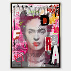 Obraz na płótnie z portretem Fridy Kahlo w stylu nowoczesnego kolażu pop-art z napisami Revolution i Mexico, oryginalny wydruk galeryjny.