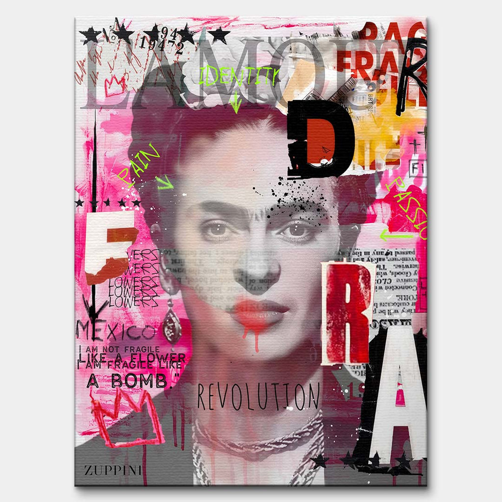 Obraz na płótnie z portretem Fridy Kahlo w stylu nowoczesnego kolażu pop-art z napisami Revolution i Mexico, oryginalny wydruk galeryjny.