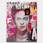 Obraz na płótnie z portretem Fridy Kahlo w stylu nowoczesnego kolażu pop-art z napisami Revolution i Mexico, oryginalny wydruk galeryjny.