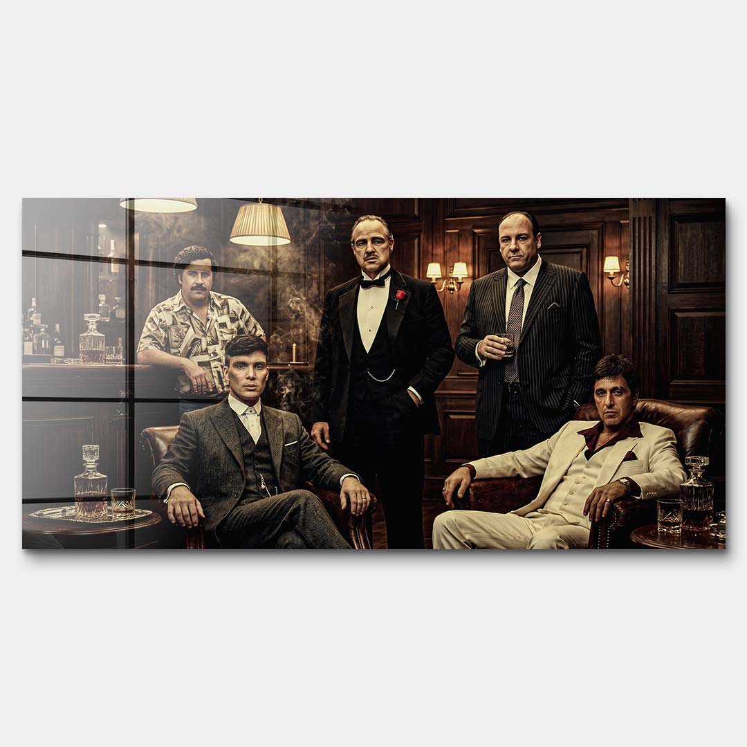 Obraz na szkle akrylowym przedstawiający ikoniczne postacie kina w eleganckim wnętrzu, płótno galeryjne, sztuka nowoczesna.