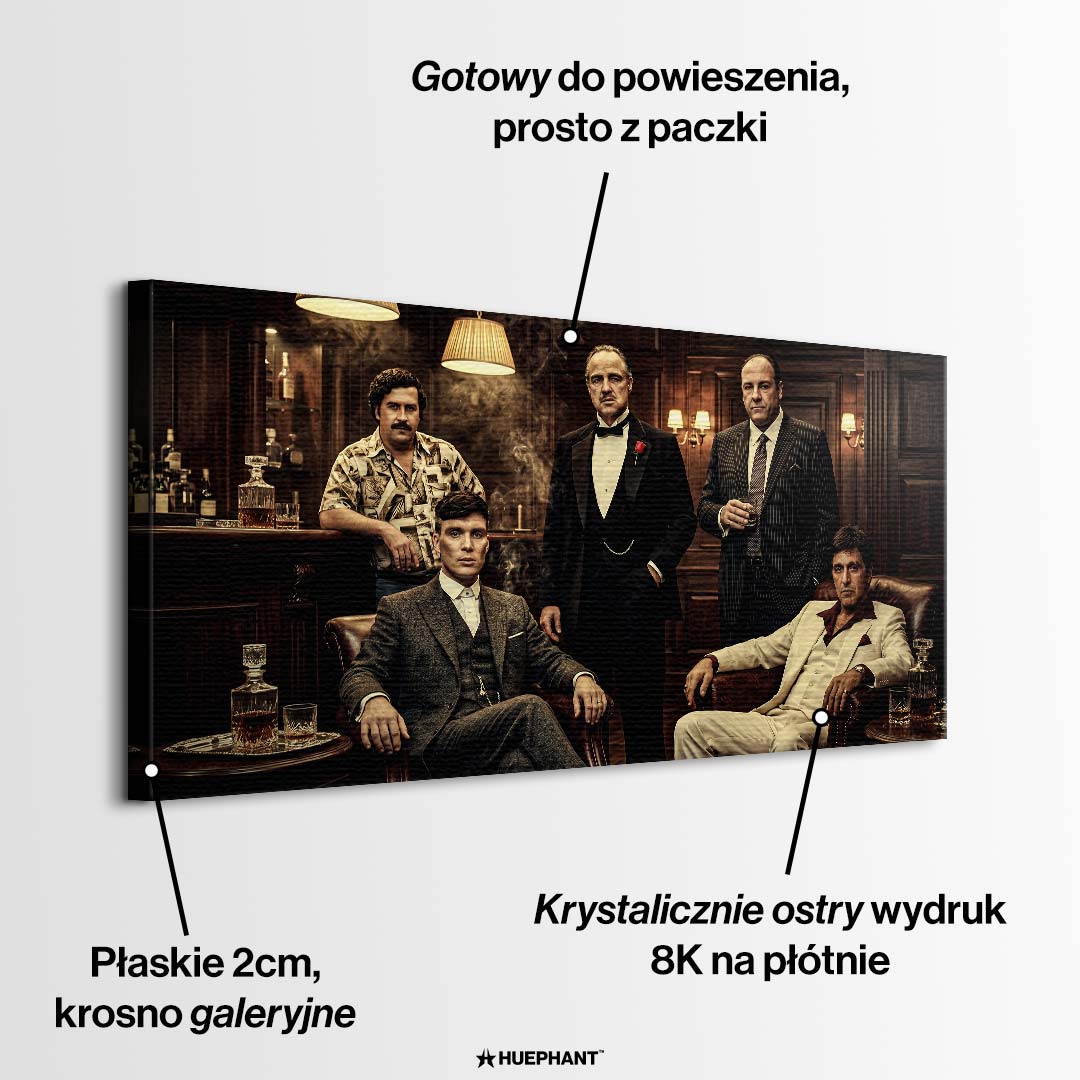 Obraz na płótnie przedstawiający ikoniczne postacie kina w eleganckim wnętrzu, płótno galeryjne, sztuka nowoczesna.