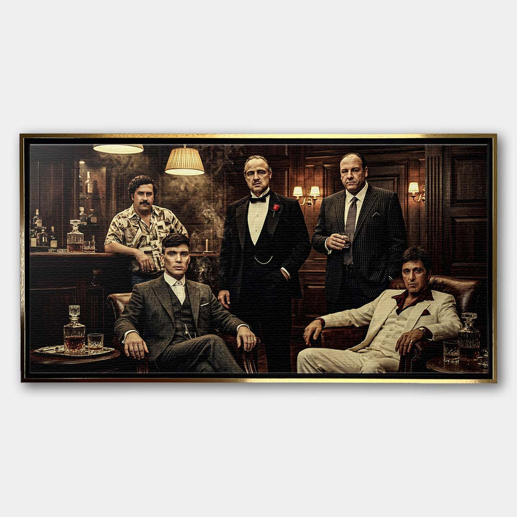 Obraz na płótnie przedstawiający ikoniczne postacie kina w eleganckim wnętrzu, płótno galeryjne, sztuka nowoczesna.