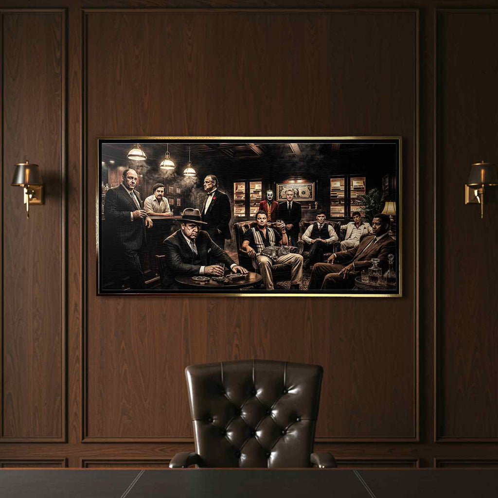 Obraz na płótnie Gangster Club Ikony Kina, sztuka nowoczesna z postaciami Tony Soprano, Pablo Escobar, Godfather, Al Capone, Joker, Robert De Niro, Wilk z Wall Street, Thomas Shelby, Scarface, Denzel Washington. Wydruk galeryjny w limitowanej edycji, gotowy do powieszenia.