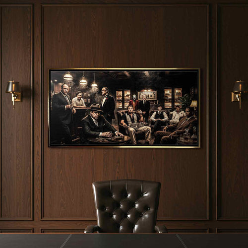 Obraz na płótnie Gangster Club Ikony Kina, sztuka nowoczesna z postaciami Tony Soprano, Pablo Escobar, Godfather, Al Capone, Joker, Robert De Niro, Wilk z Wall Street, Thomas Shelby, Scarface, Denzel Washington. Wydruk galeryjny w limitowanej edycji, gotowy do powieszenia.