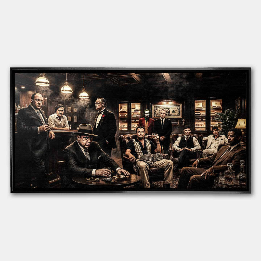 Obraz na płótnie Gangster Club Ikony Kina, sztuka nowoczesna z postaciami Tony Soprano, Pablo Escobar, Godfather, Al Capone, Joker, Robert De Niro, Wilk z Wall Street, Thomas Shelby, Scarface, Denzel Washington. Wydruk galeryjny w limitowanej edycji, gotowy do powieszenia.