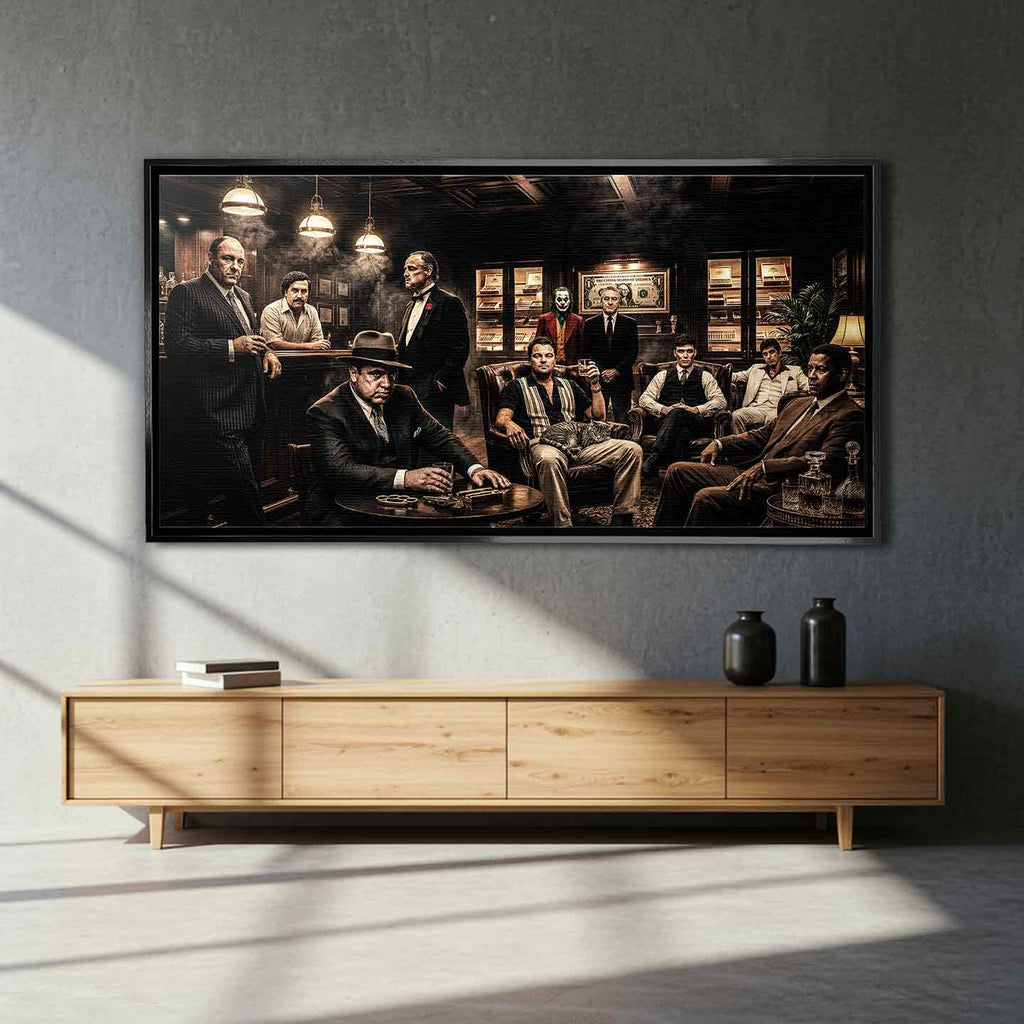 Obraz na płótnie Gangster Club Ikony Kina, sztuka nowoczesna z postaciami Tony Soprano, Pablo Escobar, Godfather, Al Capone, Joker, Robert De Niro, Wilk z Wall Street, Thomas Shelby, Scarface, Denzel Washington. Wydruk galeryjny w limitowanej edycji, gotowy do powieszenia.