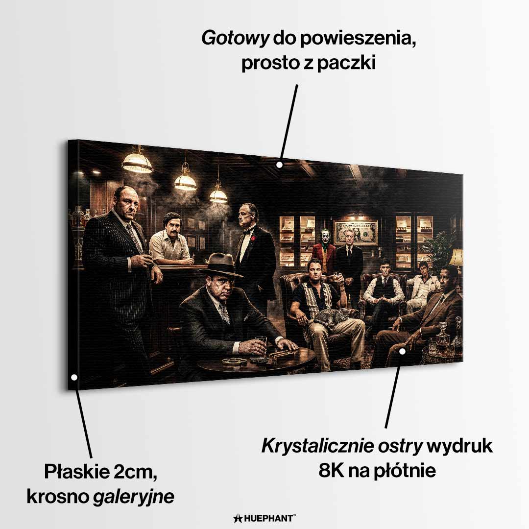 Obraz na płótnie Gangster Club Ikony Kina, sztuka nowoczesna z postaciami Tony Soprano, Pablo Escobar, Godfather, Al Capone, Joker, Robert De Niro, Wilk z Wall Street, Thomas Shelby, Scarface, Denzel Washington. Wydruk galeryjny w limitowanej edycji, gotowy do powieszenia.