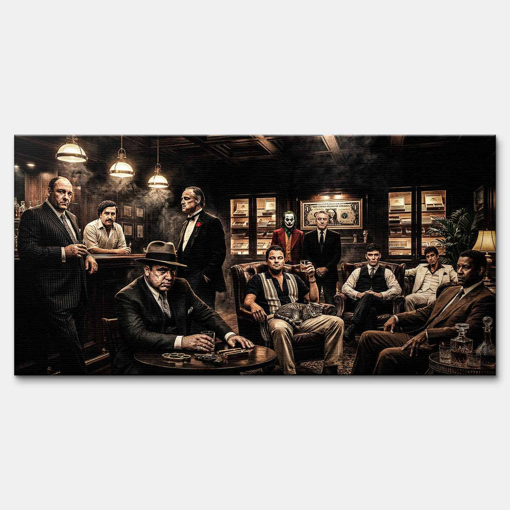 Obraz na płótnie Gangster Club Ikony Kina, sztuka nowoczesna z postaciami Tony Soprano, Pablo Escobar, Godfather, Al Capone, Joker, Robert De Niro, Wilk z Wall Street, Thomas Shelby, Scarface, Denzel Washington. Wydruk galeryjny w limitowanej edycji, gotowy do powieszenia.