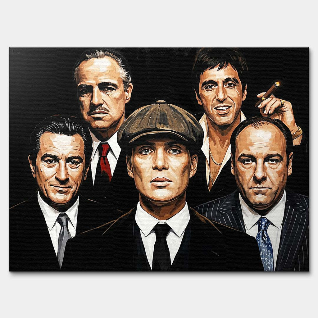Obraz na płótnie Gnagsters 5 Legendy Gangsterskiego Kina marki Huephant. Wydruk galeryjny przedstawiający portrety pięciu filmowych gangsterów.
