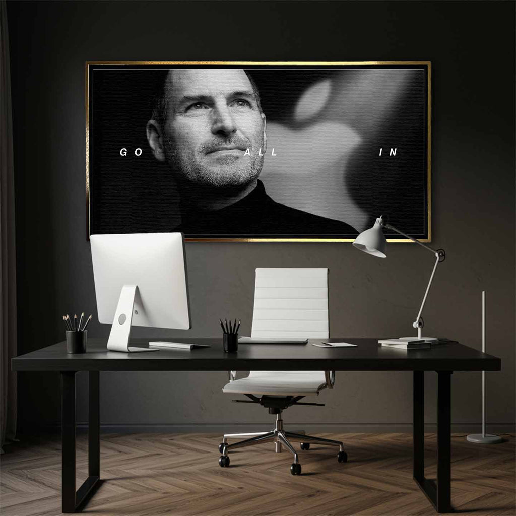 obraz na płótnie steve jobs go all in motywacyjny czarno bialy minimalizm