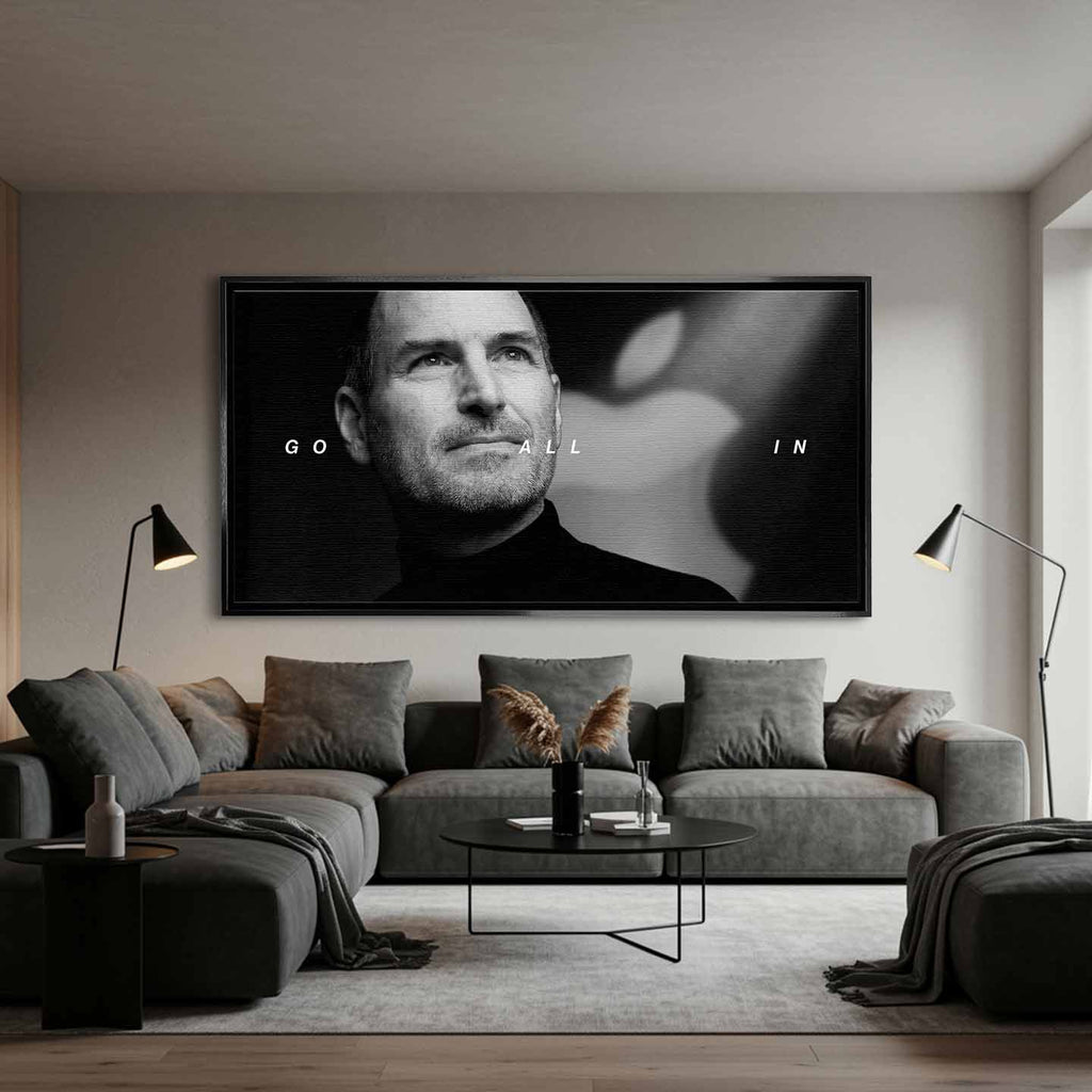 obraz na płótnie steve jobs go all in motywacyjny czarno bialy minimalizm