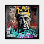 Nowoczesny obraz na płótnie przedstawiający Michaela Corleone w złotej koronie z elementami graffiti, napisem Bad Boys i logo Ojca Chrzestnego. Wydruk pop-art.