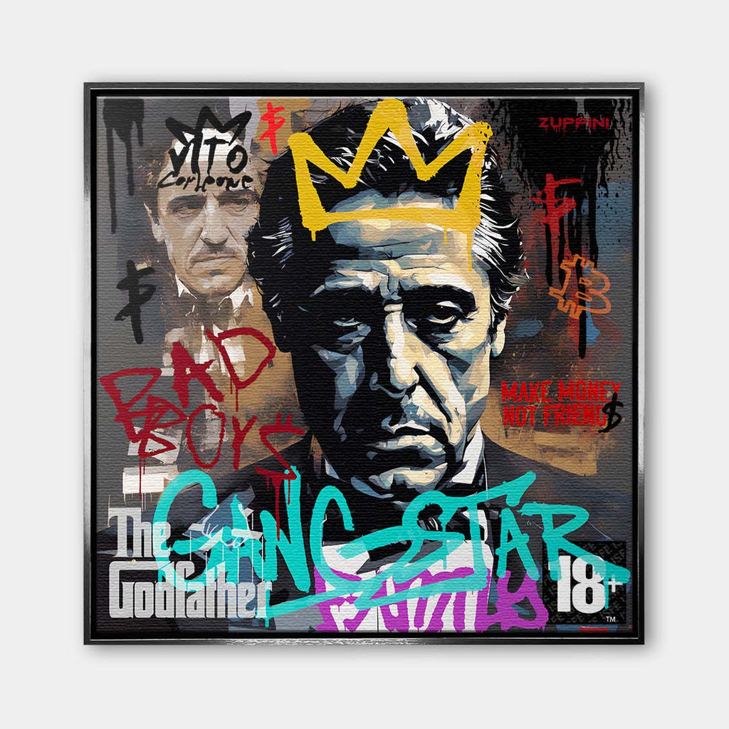 Nowoczesny obraz na płótnie przedstawiający Michaela Corleone w złotej koronie z elementami graffiti, napisem Bad Boys i logo Ojca Chrzestnego. Wydruk pop-art.