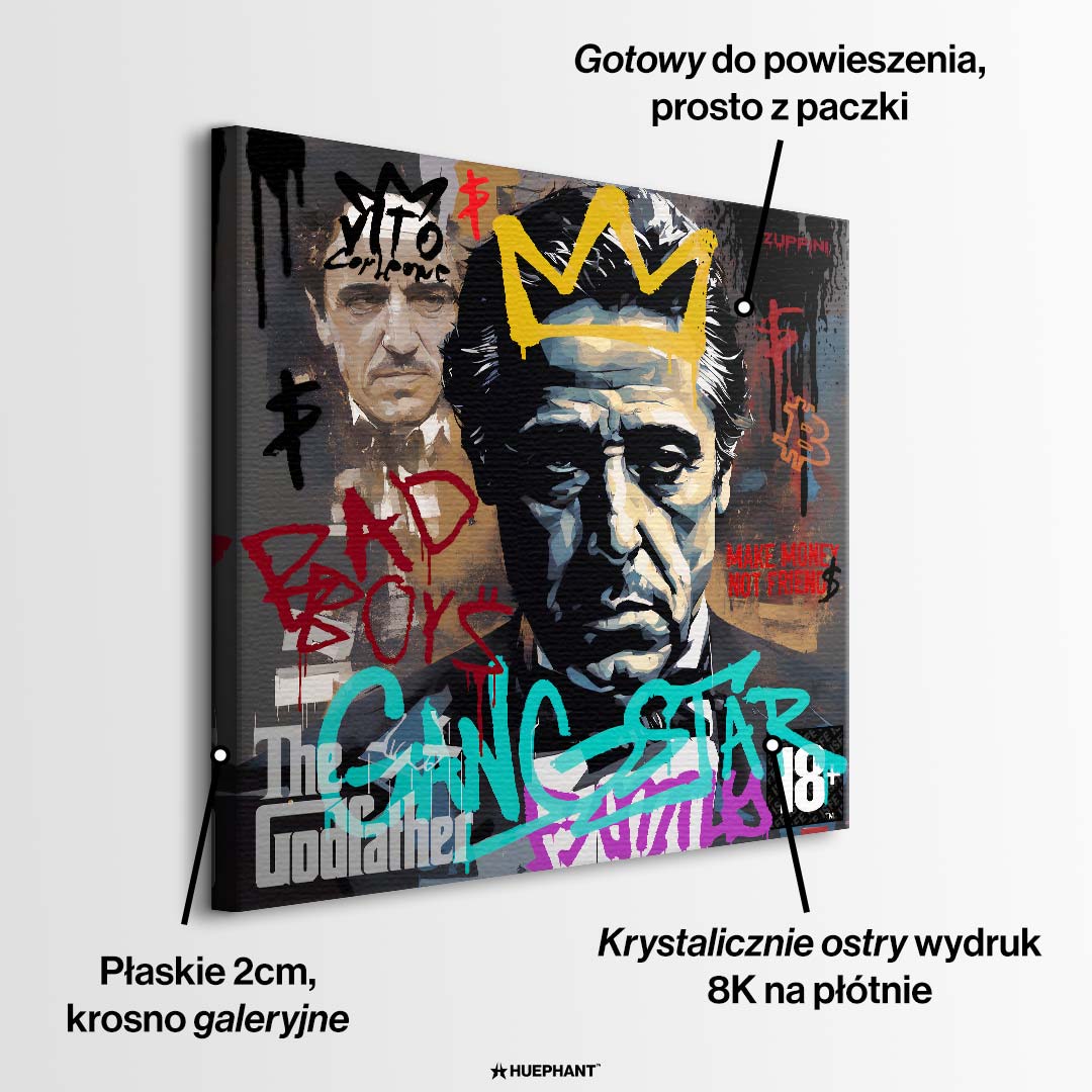 Nowoczesny obraz na płótnie przedstawiający Michaela Corleone w złotej koronie z elementami graffiti, napisem Bad Boys i logo Ojca Chrzestnego. Wydruk pop-art.
