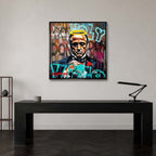 Obraz na płótnie przedstawiający Marlona Brando jako Ojca Chrzestnego z żółtą aureolą i napisami graffiti. Wydruk galeryjny nowoczesny pop-art.