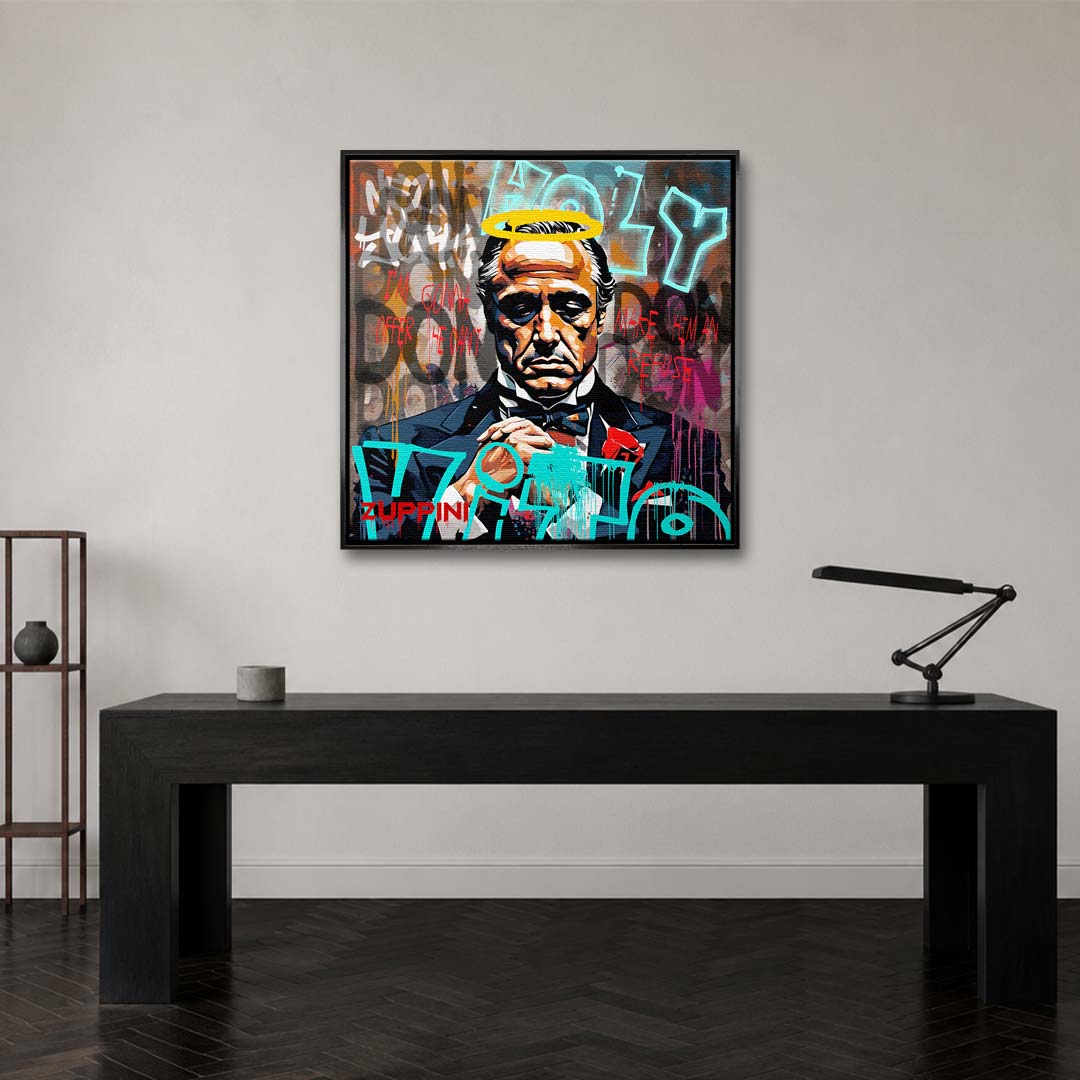Obraz na płótnie przedstawiający Marlona Brando jako Ojca Chrzestnego z żółtą aureolą i napisami graffiti. Wydruk galeryjny nowoczesny pop-art.