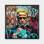 Obraz na płótnie przedstawiający Marlona Brando jako Ojca Chrzestnego z żółtą aureolą i napisami graffiti. Wydruk galeryjny nowoczesny pop-art.