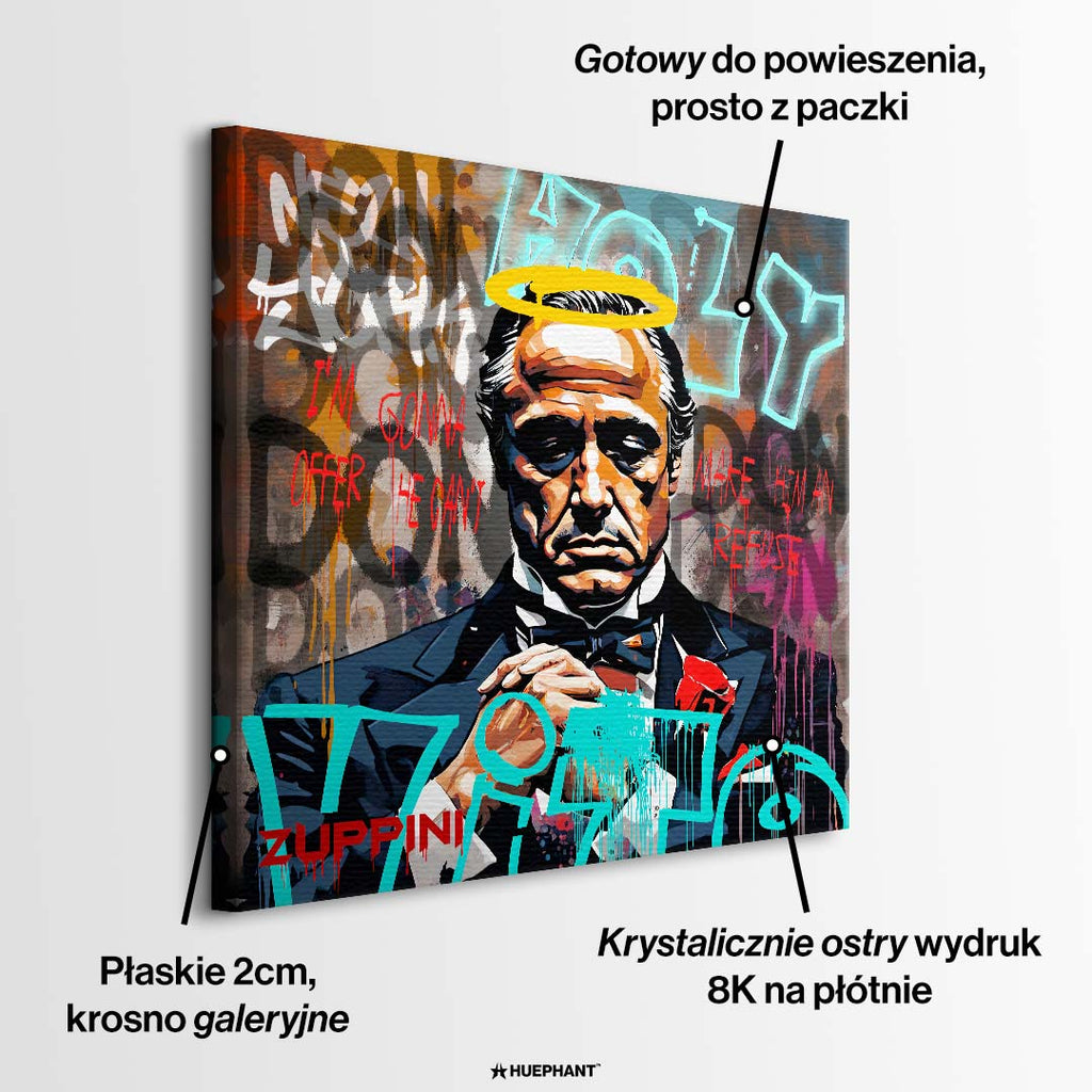 Obraz na płótnie przedstawiający Marlona Brando jako Ojca Chrzestnego z żółtą aureolą i napisami graffiti. Wydruk galeryjny nowoczesny pop-art.