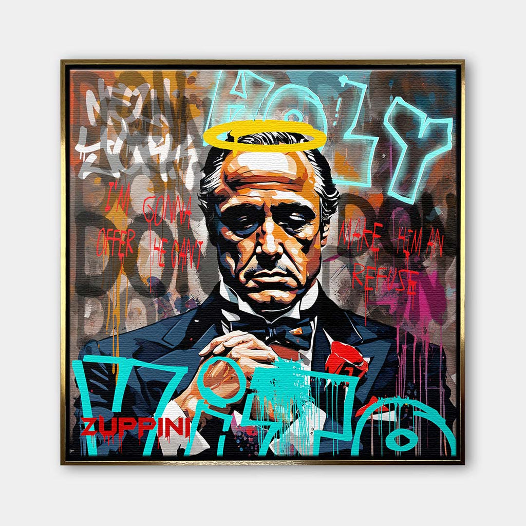Obraz na płótnie przedstawiający Marlona Brando jako Ojca Chrzestnego z żółtą aureolą i napisami graffiti. Wydruk galeryjny nowoczesny pop-art.