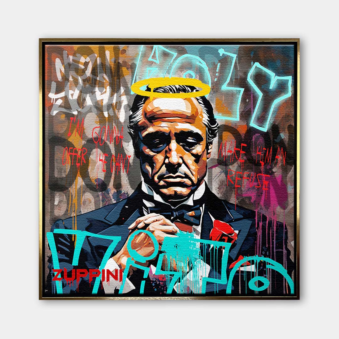 Obraz na płótnie przedstawiający Marlona Brando jako Ojca Chrzestnego z żółtą aureolą i napisami graffiti. Wydruk galeryjny nowoczesny pop-art.