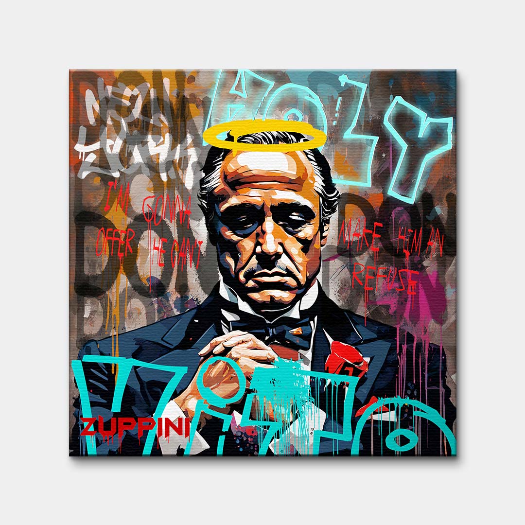 Obraz na płótnie przedstawiający Marlona Brando jako Ojca Chrzestnego z żółtą aureolą i napisami graffiti. Wydruk galeryjny nowoczesny pop-art.