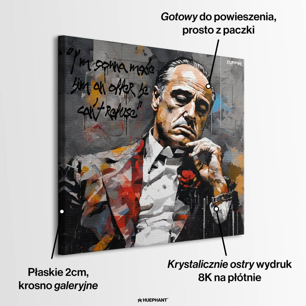 Obraz na płótnie Godfather Offer. Nowoczesna sztuka i wydruk galeryjny z portretem Ojca Chrzestnego i kultowym cytatem o ofercie nie do odrzucenia.