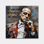 Obraz na płótnie Godfather Offer. Nowoczesna sztuka i wydruk galeryjny z portretem Ojca Chrzestnego i kultowym cytatem o ofercie nie do odrzucenia.