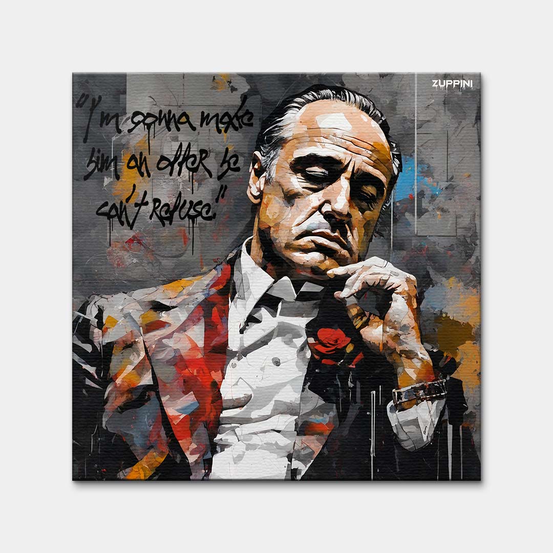 Obraz na płótnie Godfather Offer. Nowoczesna sztuka i wydruk galeryjny z portretem Ojca Chrzestnego i kultowym cytatem o ofercie nie do odrzucenia.