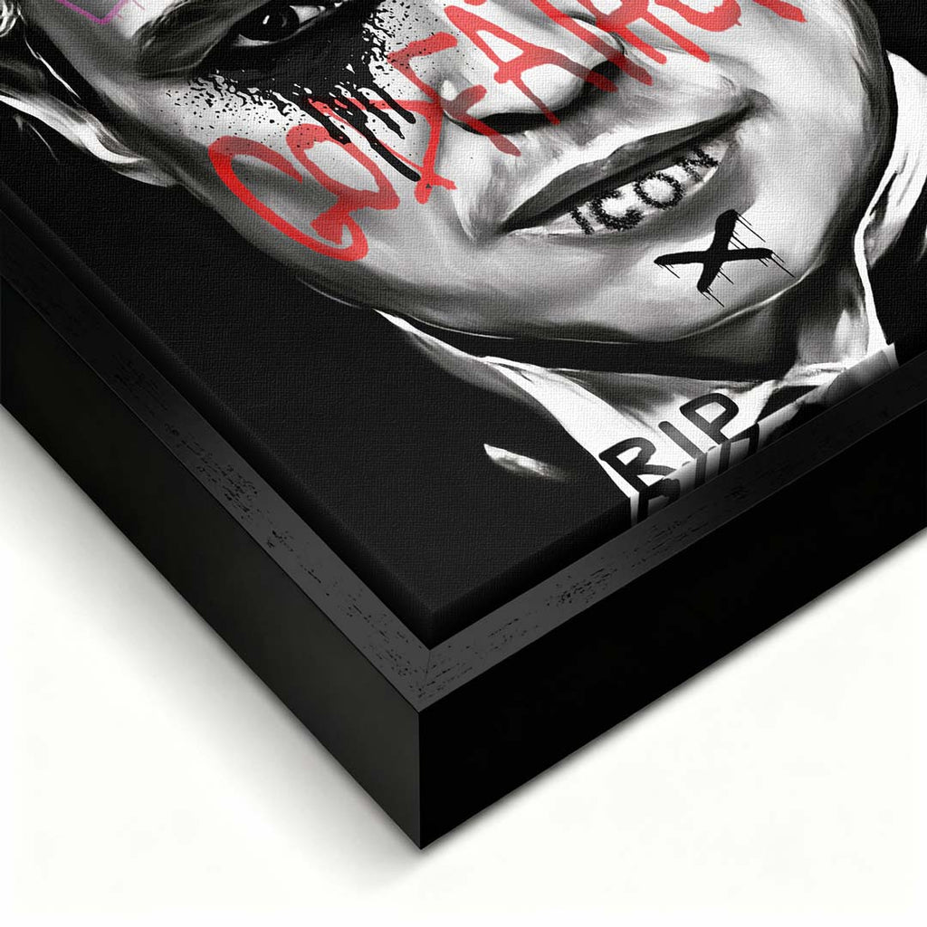 Czarno-biały obraz na płótnie Marlon Brando z filmu Ojciec Chrzestny. Wydruk galeryjny pop art z niebieskim napisem Marlon i czerwonym tekstem Godfather.