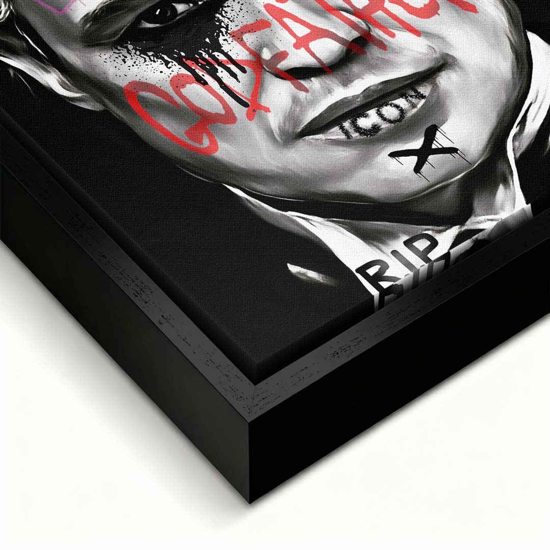 Czarno-biały obraz na płótnie Marlon Brando z filmu Ojciec Chrzestny. Wydruk galeryjny pop art z niebieskim napisem Marlon i czerwonym tekstem Godfather.
