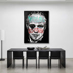 Czarno-biały obraz na płótnie Marlon Brando z filmu Ojciec Chrzestny. Wydruk galeryjny pop art z niebieskim napisem Marlon i czerwonym tekstem Godfather.