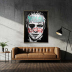 Czarno-biały obraz na płótnie Marlon Brando z filmu Ojciec Chrzestny. Wydruk galeryjny pop art z niebieskim napisem Marlon i czerwonym tekstem Godfather.