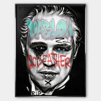 Czarno-biały obraz na płótnie Marlon Brando z filmu Ojciec Chrzestny. Wydruk galeryjny pop art z niebieskim napisem Marlon i czerwonym tekstem Godfather.