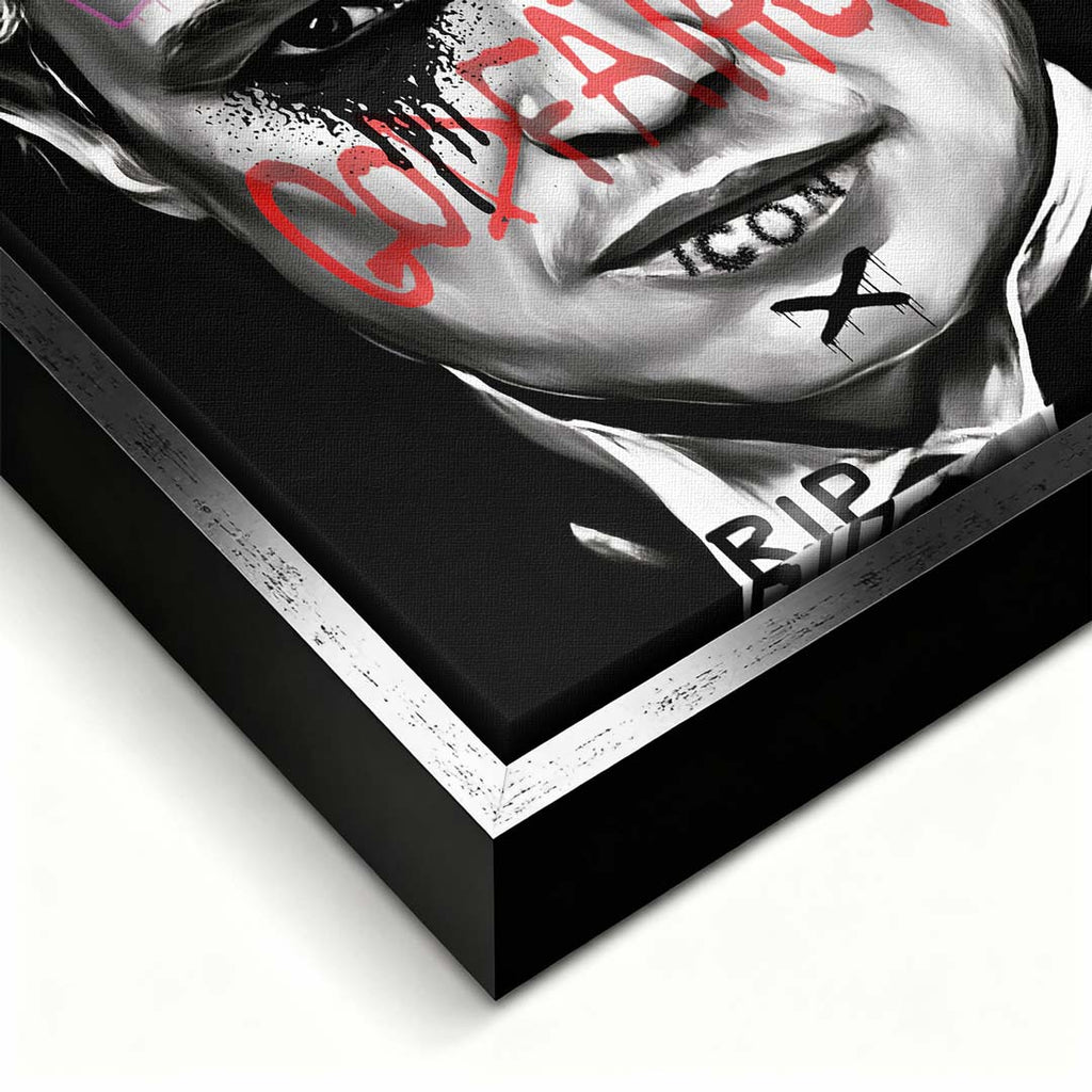 Czarno-biały obraz na płótnie Marlon Brando z filmu Ojciec Chrzestny. Wydruk galeryjny pop art z niebieskim napisem Marlon i czerwonym tekstem Godfather.