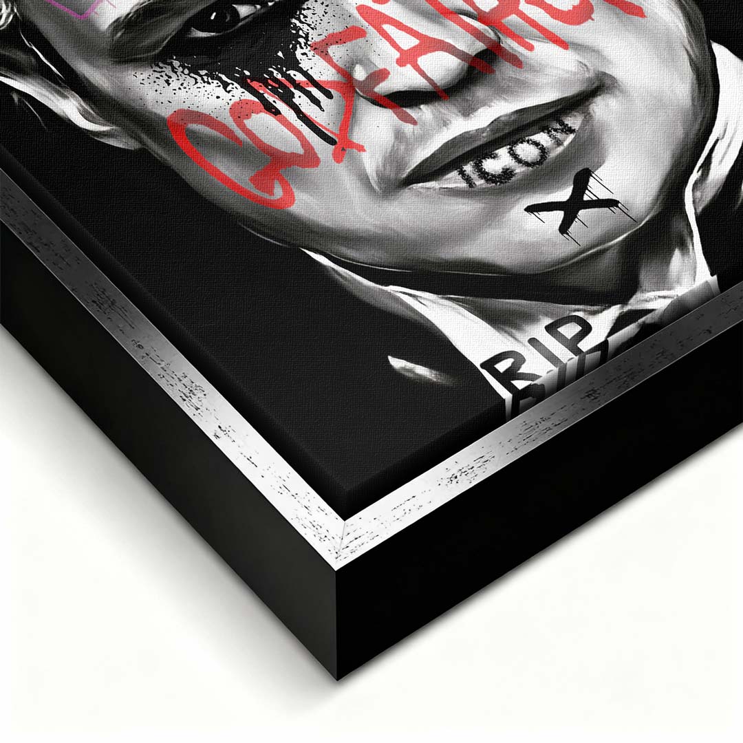 Czarno-biały obraz na płótnie Marlon Brando z filmu Ojciec Chrzestny. Wydruk galeryjny pop art z niebieskim napisem Marlon i czerwonym tekstem Godfather.